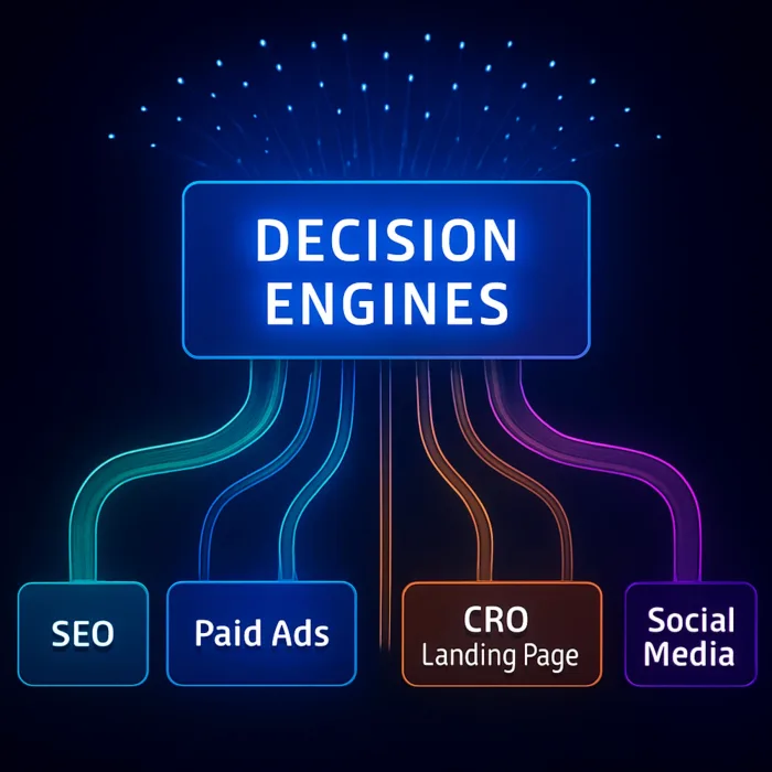Motores de decisión conectando SEO, Paid Ads, CRO y Social Media