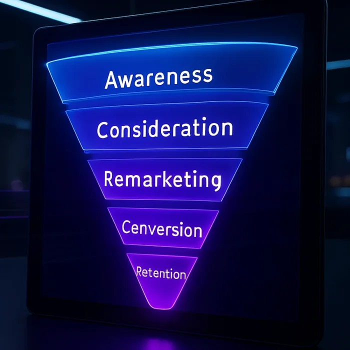 Embudo de ventas: awareness, consideración, remarketing, conversión y retención